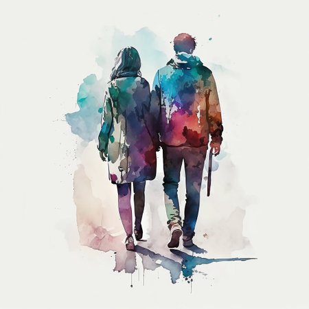 Watercolor illustration of a couple with backpacks walking on the street.の素材