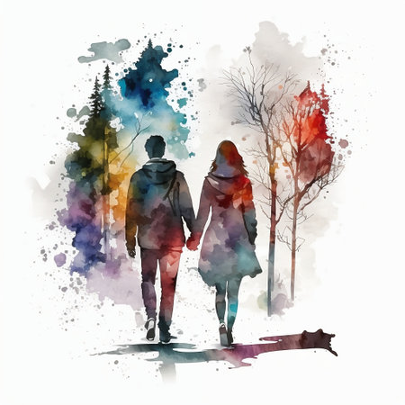 Watercolor illustration of a couple in love walking in the park.の素材