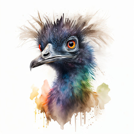 Portrait of an emu bird. Watercolor painting on white backgroundの素材