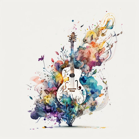 Guitar with colorful watercolor splashes on white background.の素材