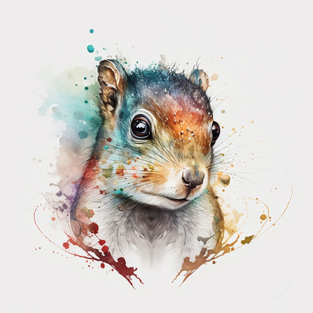 Portrait of a squirrel with watercolor splashes on a white backgroundの素材