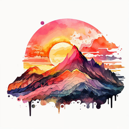Mountains at sunset. Hand drawn watercolor illustration. Vector.の素材