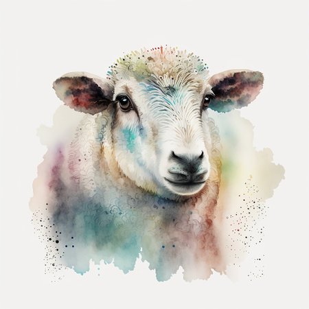 Watercolor portrait of a sheep. Digital painting on white background.の素材