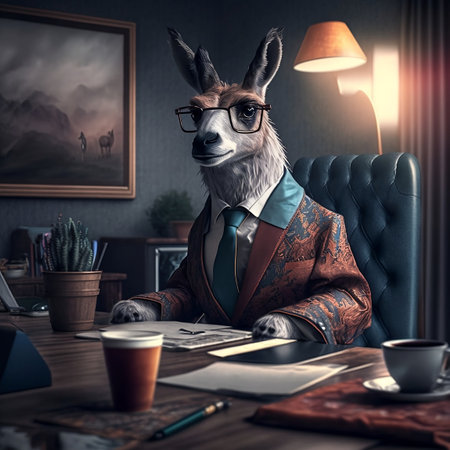 Portrait of a hipster llama in a business suit and glasses.の素材