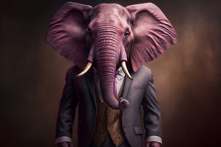 Fashion shot of an elephant in a suit and tie on a dark backgroundの素材