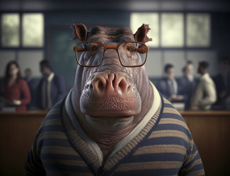 Portrait of a funny pig with glasses in the office. Conceptual image.の素材