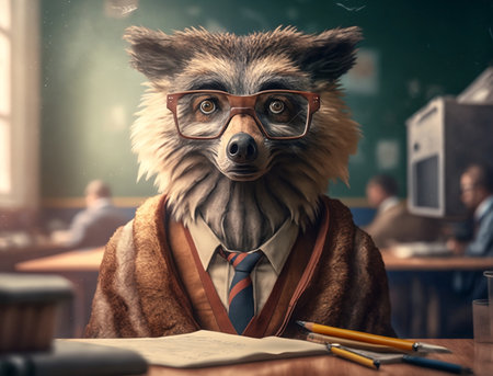 Funny fox in glasses sitting at the table in a classroom.の素材