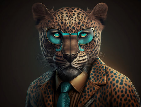 leopard in glasses and a jacket on a dark background. 3d illustrationの素材
