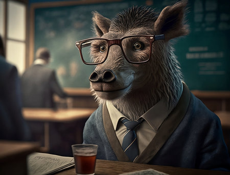 Portrait of a wild boar wearing glasses and a tie.の素材