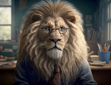 Portrait of a lion with glasses and a tie in his officeの素材