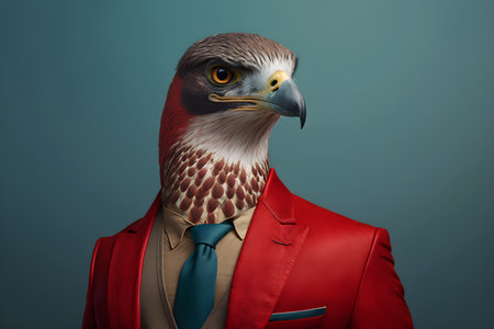 eagle in a red suit and a blue tie on a blue backgroundの素材
