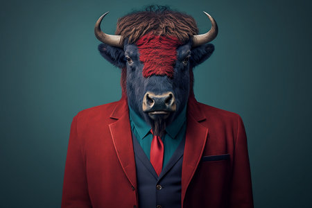 Fashion portrait of a bull in a red coat on a blue background.の素材
