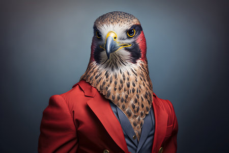 Portrait of a hawk in a red jacket on a gray backgroundの素材