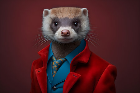 Funny ferret in red coat and blue tie on a red backgroundの素材