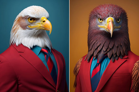 Eagle in a red jacket and a blue suit. Collageの素材