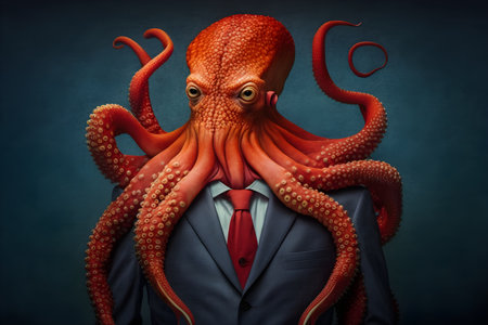 Octopus in a business suit and tie on a dark blue backgroundの素材