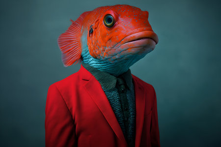 Portrait of a red fish in a red suit on a dark backgroundの素材