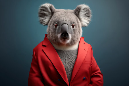 Funny koala in a red jacket on a blue background.の素材