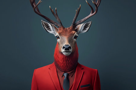 Funny deer in a red suit and tie on a gray background.の素材