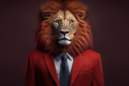 Lion in a red jacket and a white shirt on a dark background.の素材