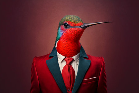 Hummingbird in a red suit and bow tie on a dark backgroundの素材