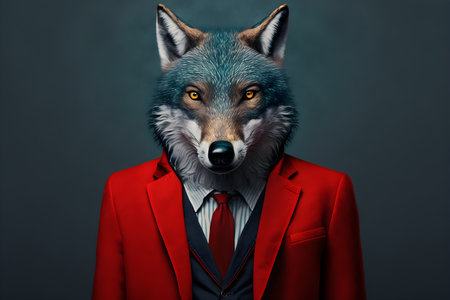 Fashion portrait of a fox in a red jacket and tie.の素材