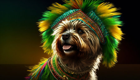 Yorkshire Terrier in indian headdress on dark background.の素材