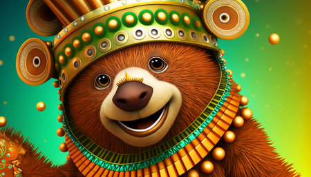 Illustration of a cute bear wearing a golden crown and smiling.の素材