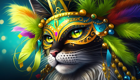 Mardi Gras cat with feathers and masquerade mask. 3d renderingの素材