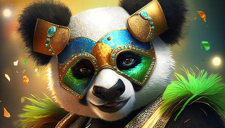 Panda in the mask of the jungle. 3D illustration.の素材