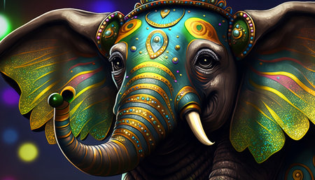 Elephant head close up. Colorful animal portrait. Fantasy illustration.の素材