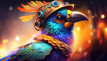 Beautiful fantasy illustration of a bird in a headdress with feathersの素材