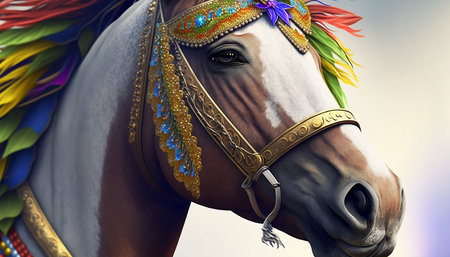 Portrait of a horse with a colorful headdress, close-upの素材