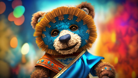 Teddy bear in a blue suit on the background of a bright bokehの素材