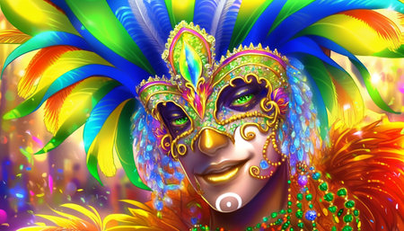 Colorful carnival mask on colorful background. 3D illustration.の素材