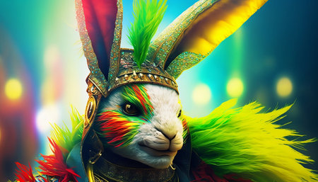 Rabbit with colorful feathers and mask on stage. Carnival costume.の素材