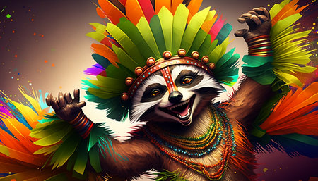 Cute sloth wearing indian headdress on colorful feathers backgroundの素材