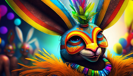 Colorful carnival mask with feathers and bunny ears. 3D illustration.の素材