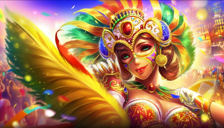 Beautiful woman in colorful carnival mask with feathers. Vector illustration.の素材