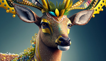 3d illustration of a deer head with colorful feathers and ornamentsの素材