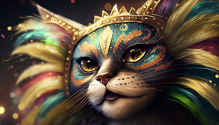 Mysterious cat with colorful feathers and golden crown. 3D renderingの素材