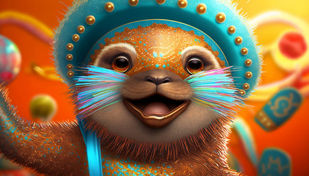 Lion in a sombrero on a colorful background. 3d illustrationの素材