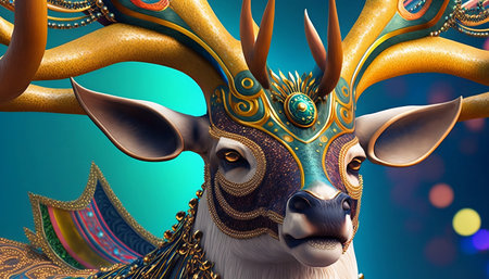 3d illustration of a reindeer head with golden ornamentsの素材