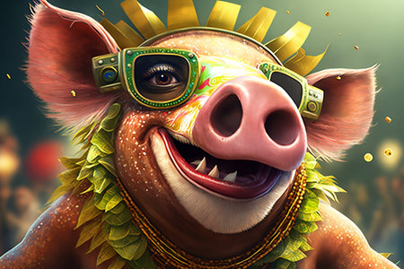 3d illustration of a pig with a mask on his face and a sun in the backgroundの素材