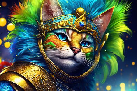 Fantasy cat in a golden helmet with feathers. Fantasy illustration.の素材