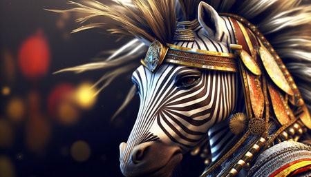 3D Illustration of a fantasy zebra with a golden helmetの素材