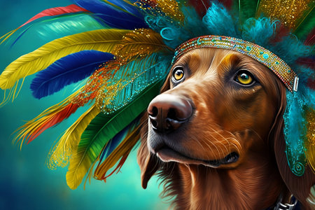 Dachshund dog with colorful feathers and headdress on blue backgroundの素材