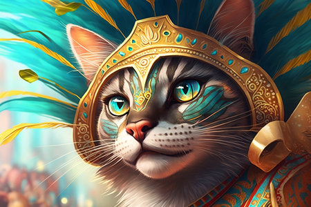 Fantasy portrait of a cat in a crown of feathers. 3D renderingの素材