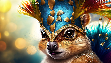 Cute squirrel in a carnival mask. 3D illustration.の素材