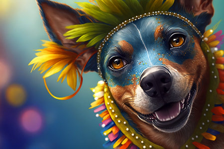 Funny dog in indian headdress with flowers on bokeh backgroundの素材